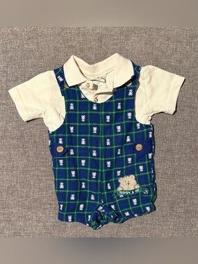 Vintage B.T. Kids Infant Plaid Teddy Romper in Blue & Cream 6-9m